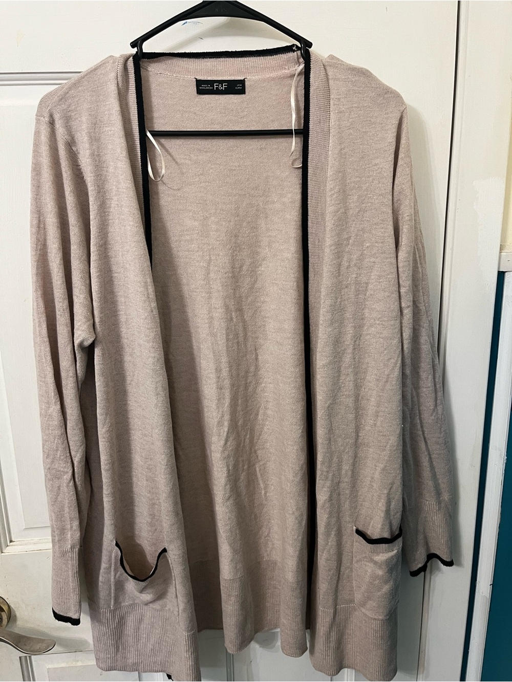 F&F Cream Open-Front Cardigan with Black Trim